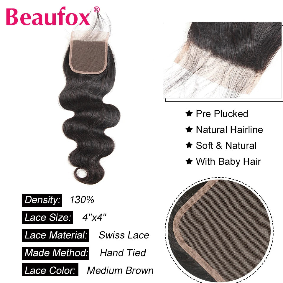 Beaufox Body Wave Bundles With Closure Remy Brazilian Hair Weave