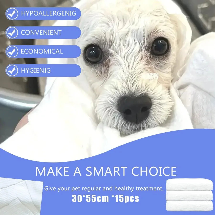 15 PCS Disposable Pet Bath Towels 11.8 x 21.6 Inch Portable Pet Grooming Towels for Small Dogs Puppies and Cats Absorbent Conve