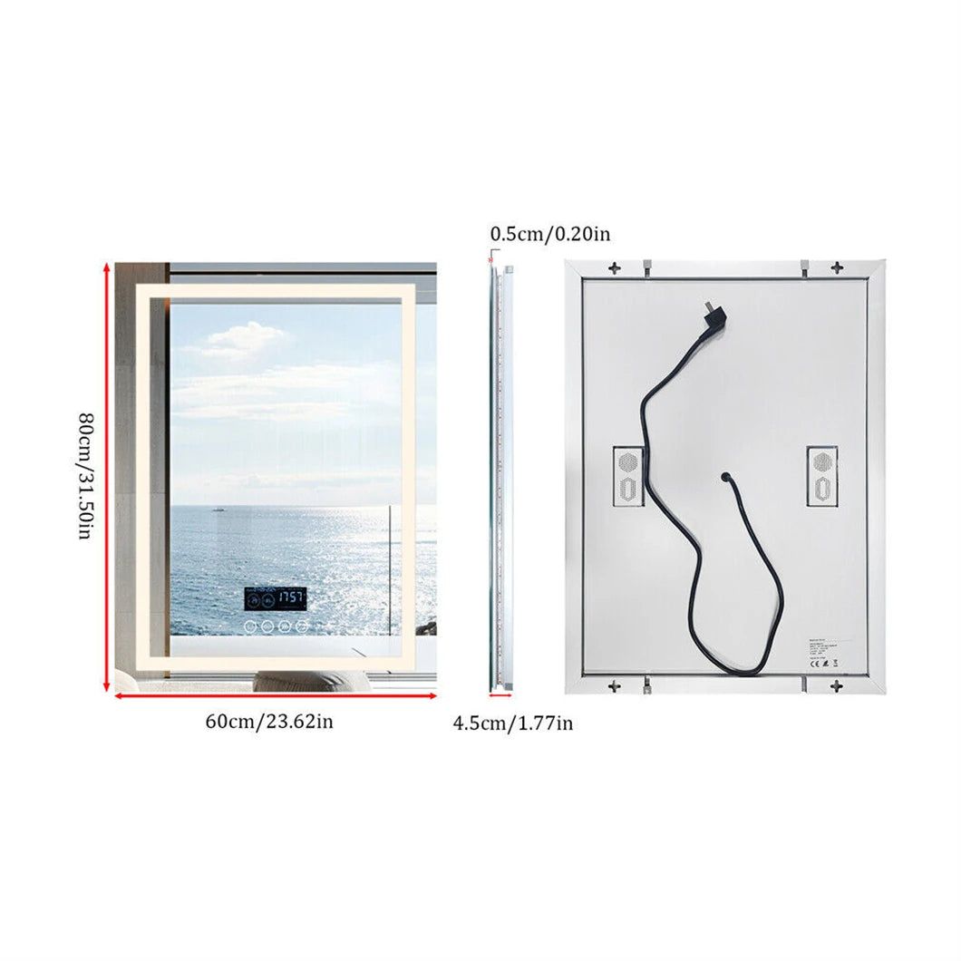 BORWART Smart LED Bathroom Mirror With Bluetooth Time Temperature AntiFog