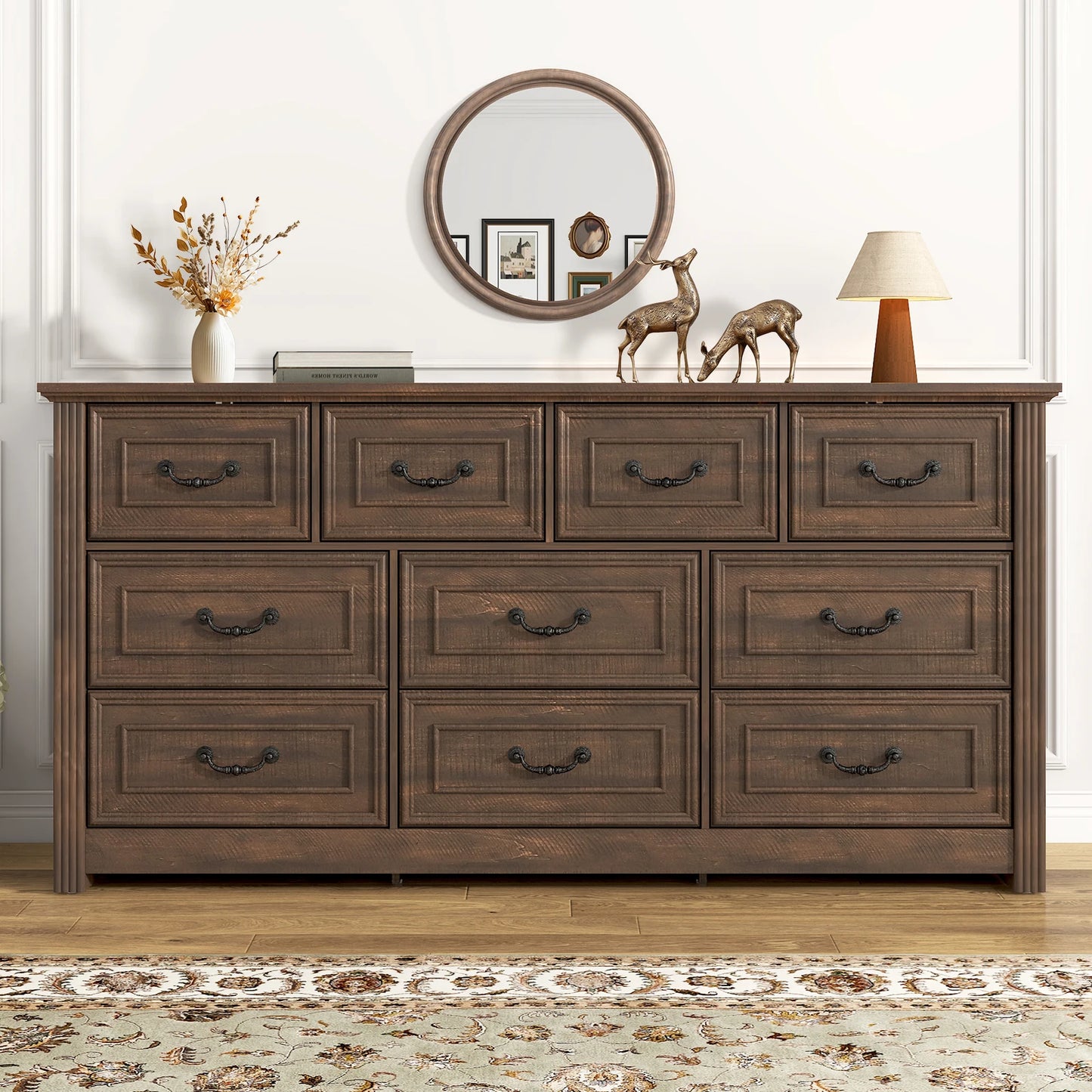 QiaoShiRen Farmhouse 10 Drawer Dresser With Rustic Handles