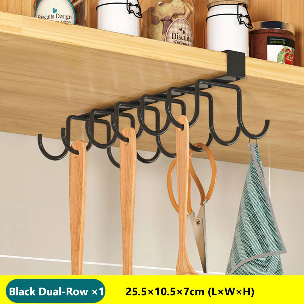 Kitchen Hanging Organizer Rack With Hooks Under Cabinet Storage Shelf