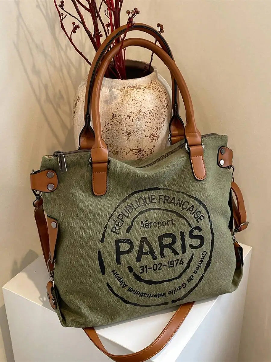 Large Capacity Casual Tote Handbag With Paris Print, Versatile Crossbody Bag For Women
