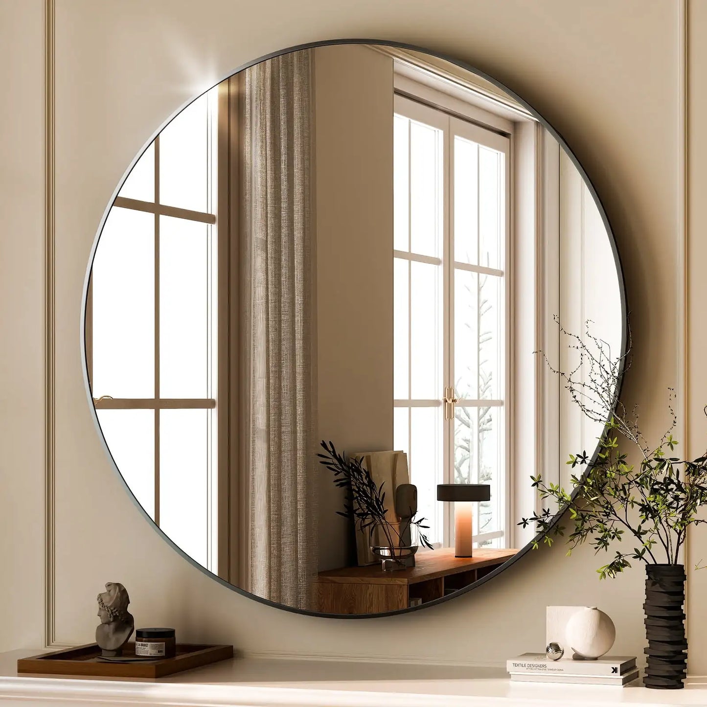 24.2"x24.2" Round Bathroom Mirror Wall Mirror, Metal Frame Circle Mirror Black