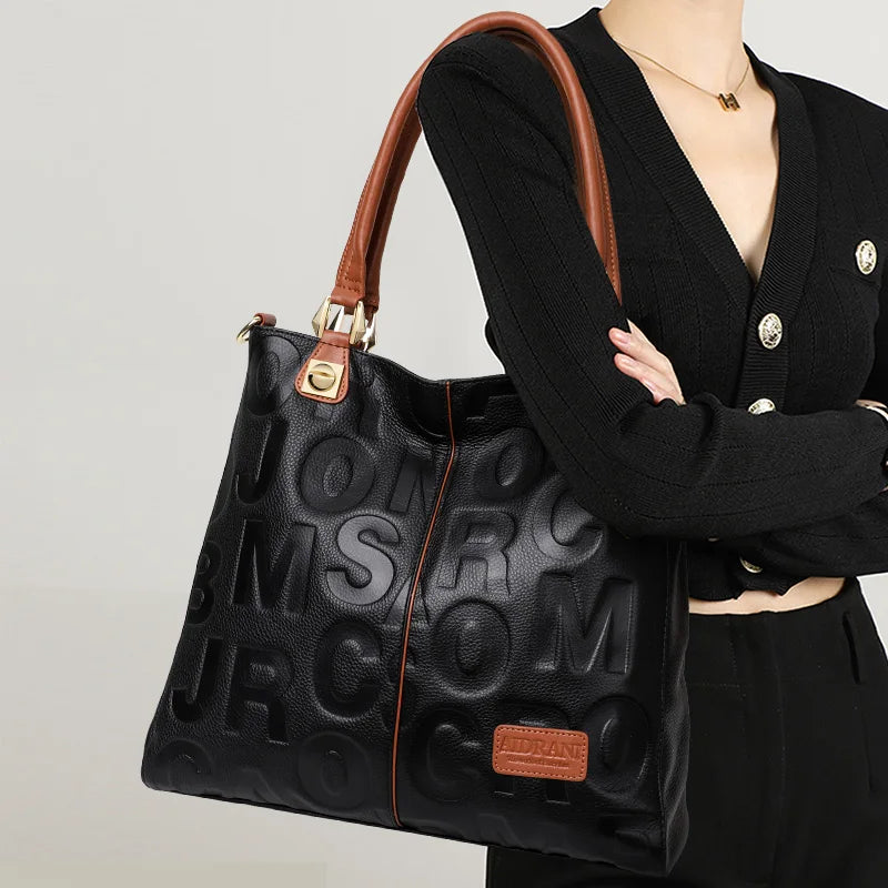 Trendy women's bag leather letter tote bag large capacity top cowhide shoulder cross-body bag