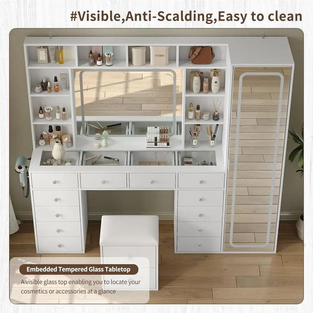 LED-Illuminated Makeup Vanity Desk with 14 Drawers, 10 Shelves, and Hidden Storage, White