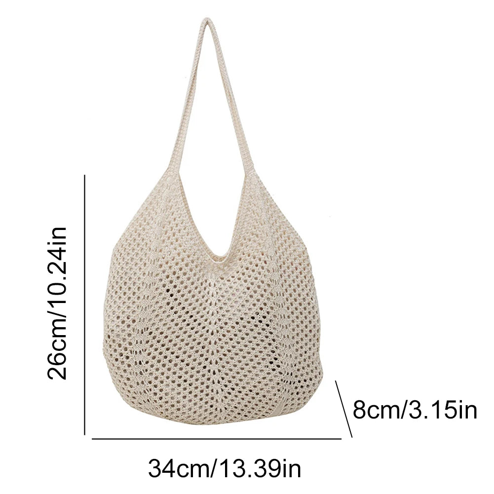 Women Knitting Shoulder Bag Large Capacity Knitting Underarm Bag Solid Crochet Tote Handbag Summer Mesh Beach Bag Hobo Bag