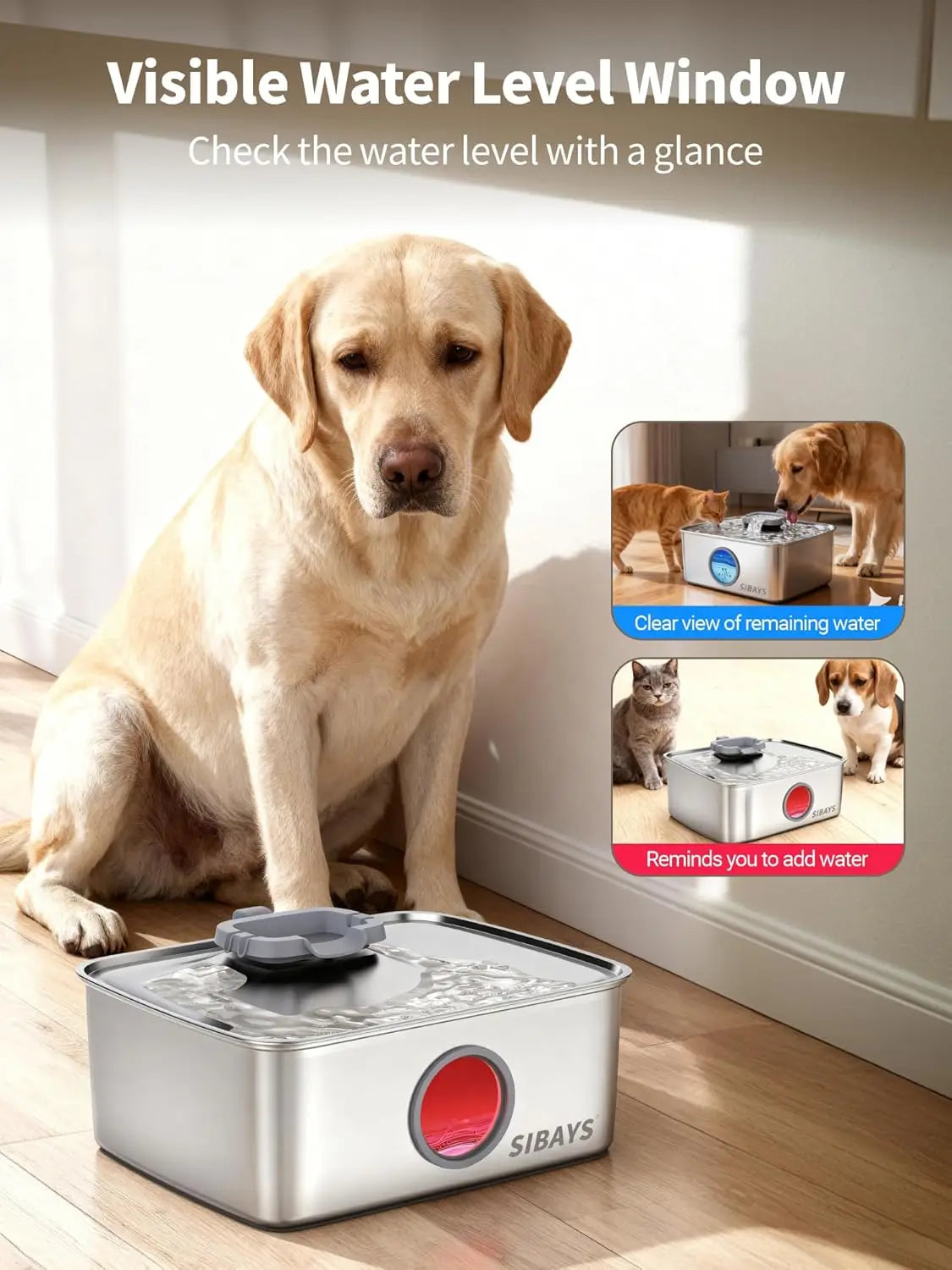 Large 4Gal/15L Stainless Steel Dog Water Fountain with LED Light, Quiet Automatic Dispenser for Multi-Pet Homes, Easy Clean