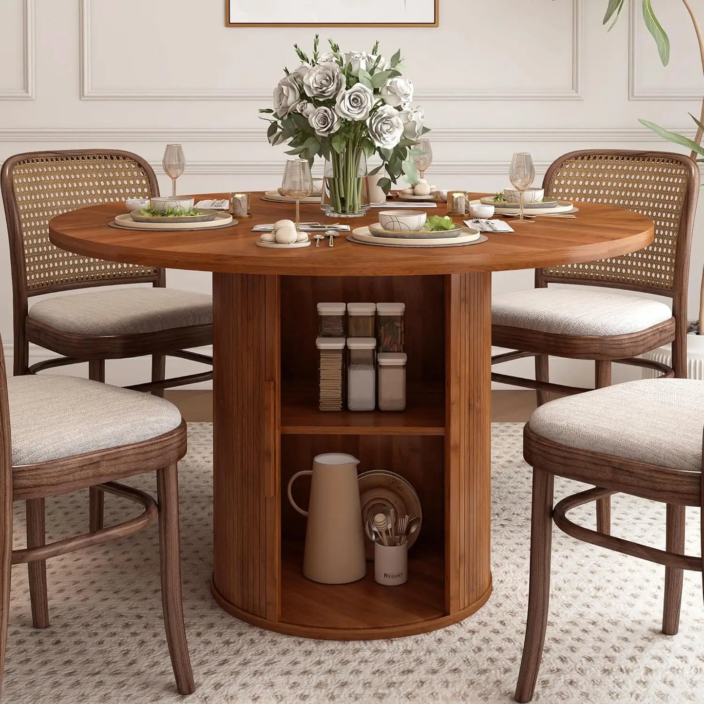 XMSJ Round Dining Table For 4 With Hidden Storage Unit