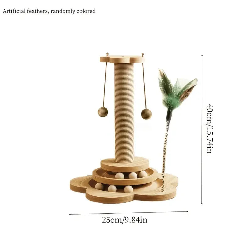 Cat Scratch Board With Rotating Platform And Non Shedding Wooden Fiber Chew Toy