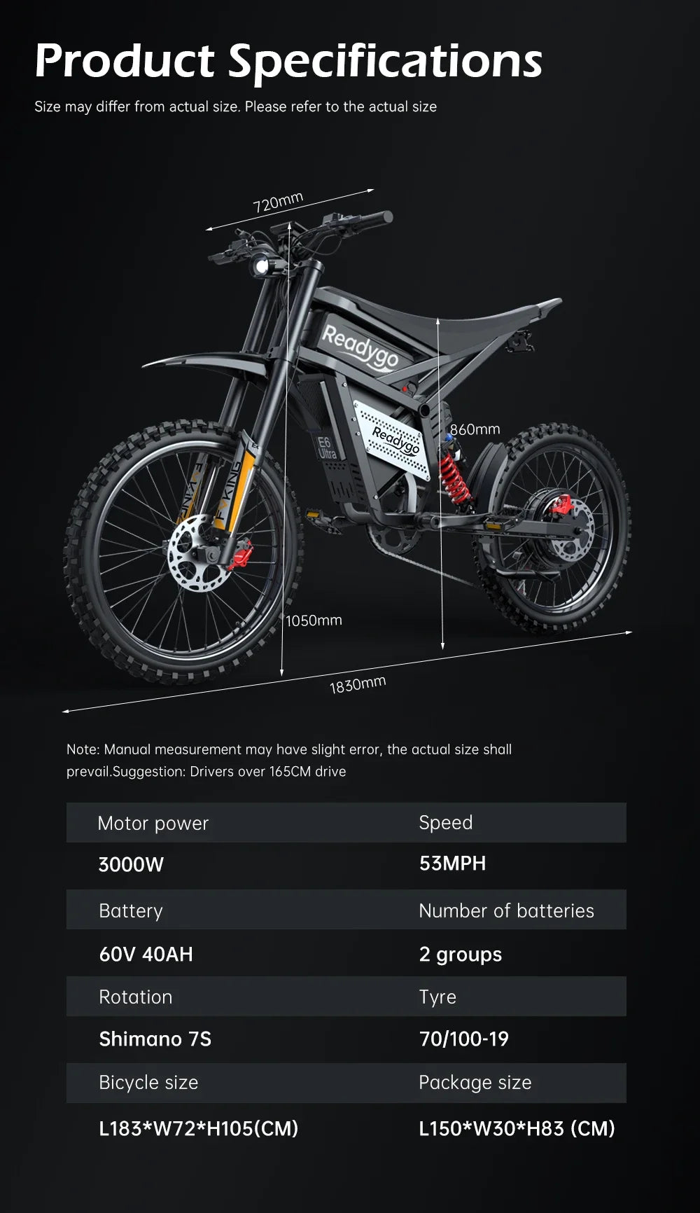 Readygo EKXBIKE E6 Ultra Adult Off-Road Ebike 3000W Brushless Motor 60V 30AH Lithium Battery Electric Bicycle 85Km/h