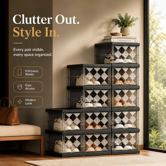 1/3/6/9-layer transparent shoe cabinet with diamond-shaped transparent flip doors, easy to assemble without tools, foldable shoe storage box, black frame saves space, customizable shoe rack layout, ideal for entryway, closet,