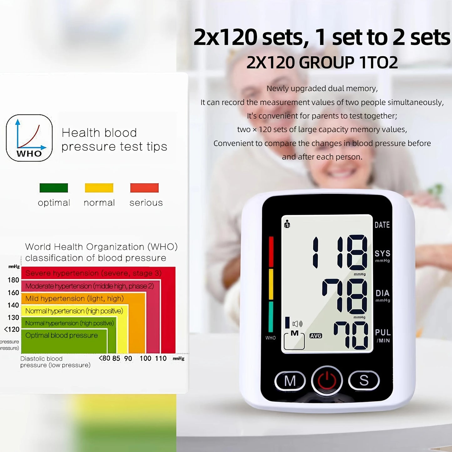Upper Arm Automatic Digital Blood Pressure Monitor Tensiometro Heart Rate Pulse Meter Large LCD Screen Voice Broadcast Dual Power 2x99 Memory Sphygmomanometer Health Care Machine for Elderly Home Daily Medical Care Travel Use