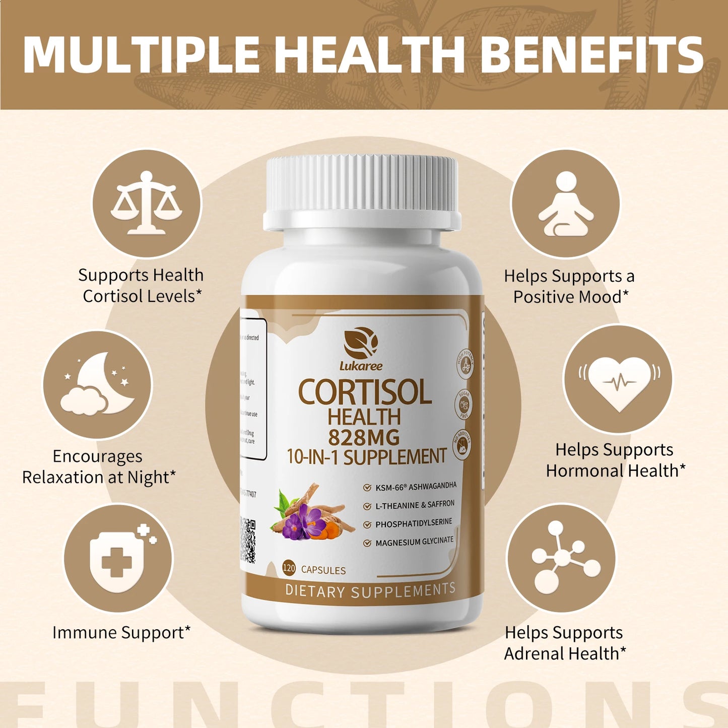 Lukaree 10-IN-1 Cortisol Supplements KSM-66® Ashwagandha 300mg + L-Theanine Magnesium Glycinate,Saffron,Phosphatidylserine