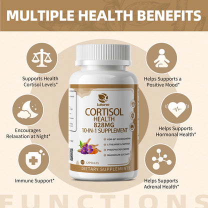 Lukaree 10-IN-1 Cortisol Supplements KSM-66® Ashwagandha 300mg + L-Theanine Magnesium Glycinate,Saffron,Phosphatidylserine