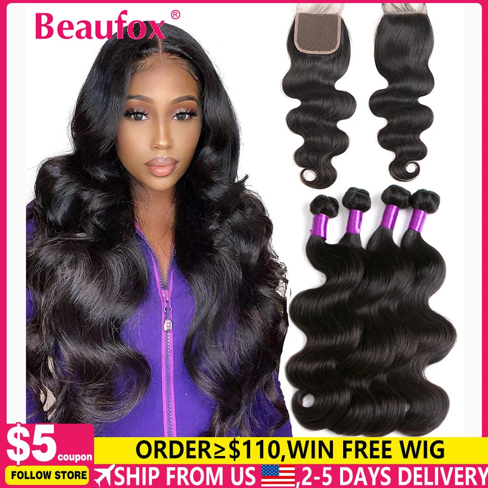 Beaufox Body Wave Bundles With Closure Remy Brazilian Hair Weave