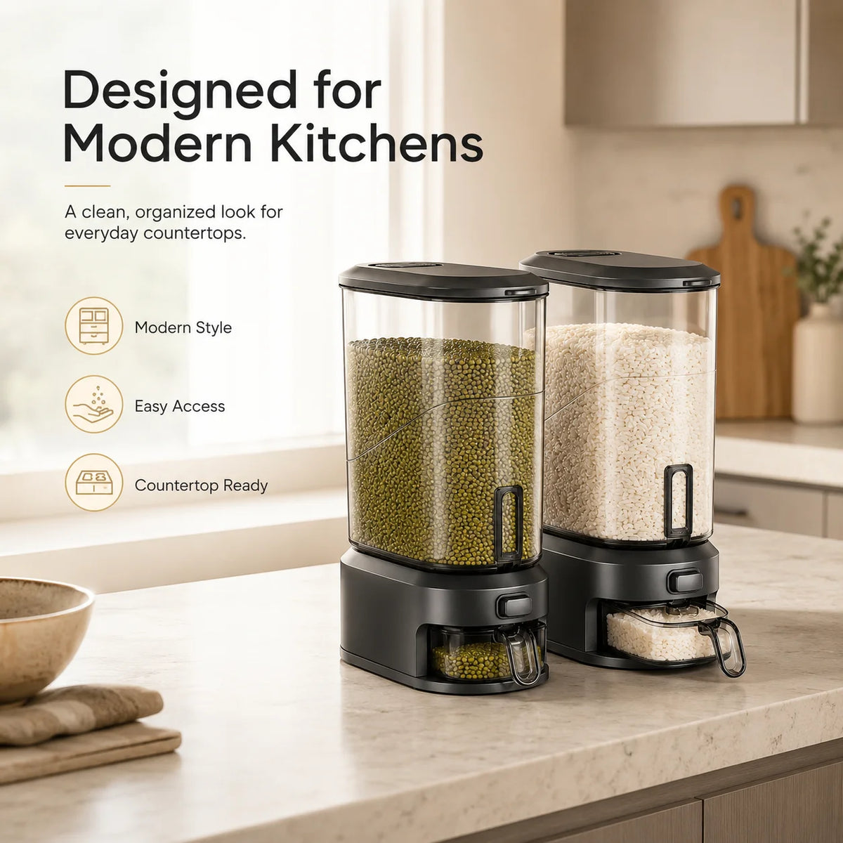 One Button Rice Dispenser with Measuring Cup for Pantry Storage