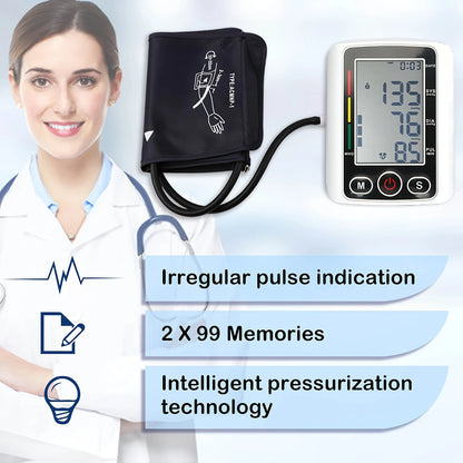 Upper Arm Automatic Digital Blood Pressure Monitor Tensiometro Heart Rate Pulse Meter Large LCD Screen Voice Broadcast Dual Power 2x99 Memory Sphygmomanometer Health Care Machine for Elderly Home Daily Medical Care Travel Use
