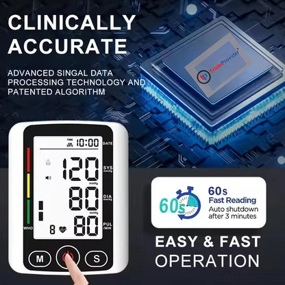 Upper Arm Automatic Digital Blood Pressure Monitor Tensiometro Heart Rate Pulse Meter Large LCD Screen Voice Broadcast Dual Power 2x99 Memory Sphygmomanometer Health Care Machine for Elderly Home Daily Medical Care Travel Use