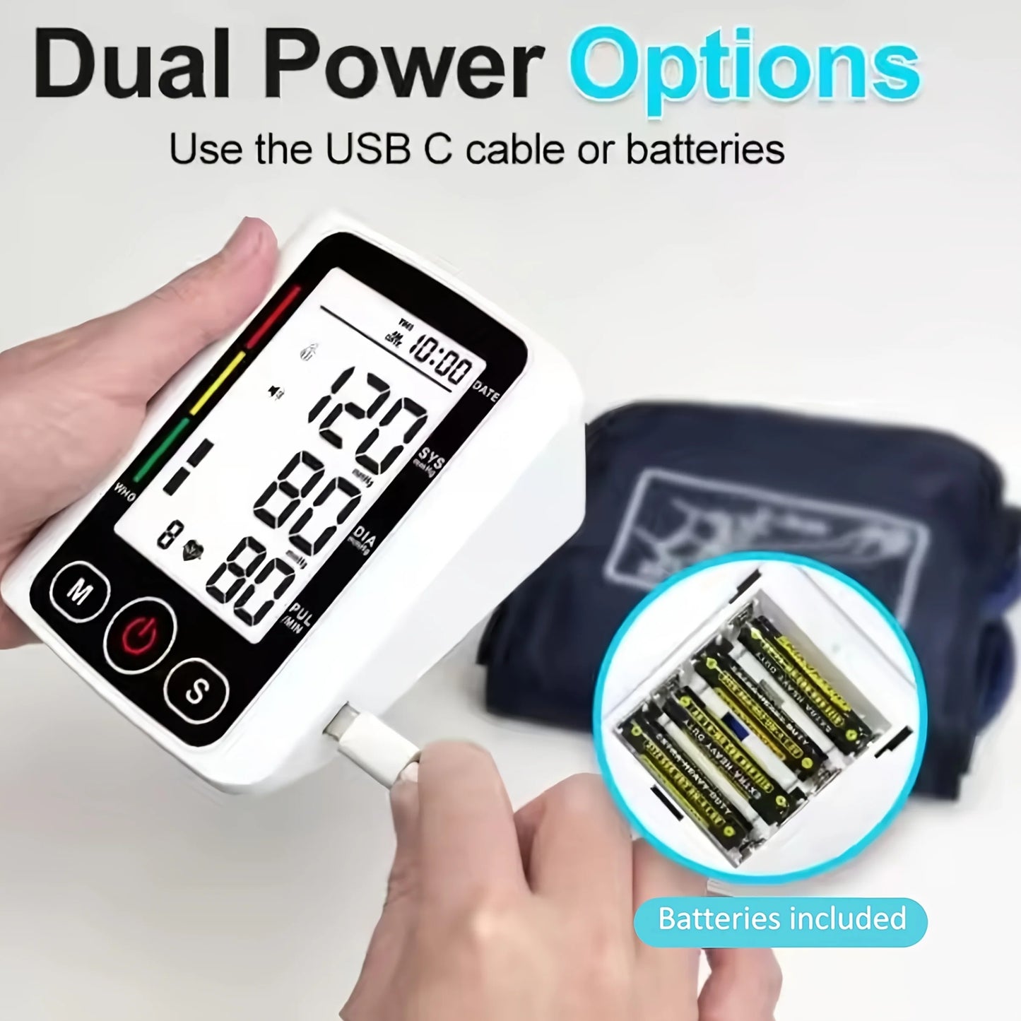Upper Arm Automatic Digital Blood Pressure Monitor Tensiometro Heart Rate Pulse Meter Large LCD Screen Voice Broadcast Dual Power 2x99 Memory Sphygmomanometer Health Care Machine for Elderly Home Daily Medical Care Travel Use