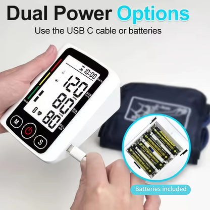 Upper Arm Automatic Digital Blood Pressure Monitor Tensiometro Heart Rate Pulse Meter Large LCD Screen Voice Broadcast Dual Power 2x99 Memory Sphygmomanometer Health Care Machine for Elderly Home Daily Medical Care Travel Use