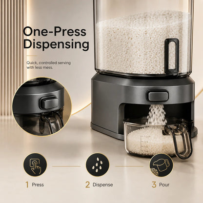 One Button Rice Dispenser with Measuring Cup for Pantry Storage