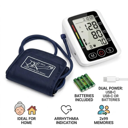 Upper Arm Automatic Digital Blood Pressure Monitor Tensiometro Heart Rate Pulse Meter Large LCD Screen Voice Broadcast Dual Power 2x99 Memory Sphygmomanometer Health Care Machine for Elderly Home Daily Medical Care Travel Use