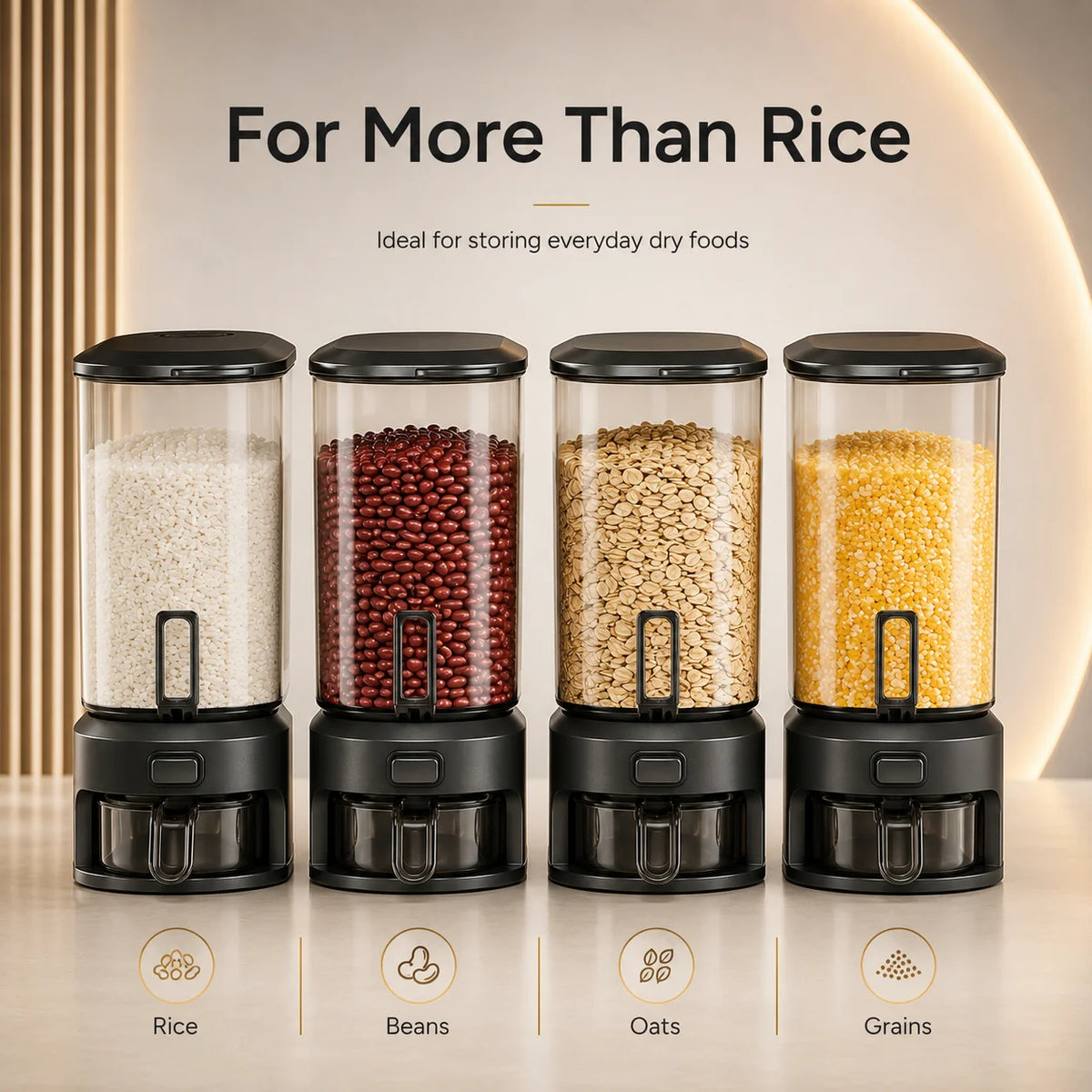 One Button Rice Dispenser with Measuring Cup for Pantry Storage
