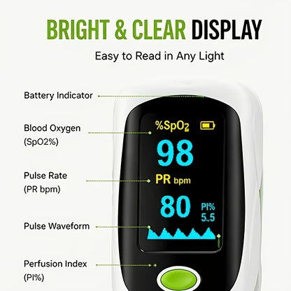 Fingertip Pulse Oximeter Blood Oxygen Saturation Monitor SpO2 PR PI Pulse Rate Meter Bright OLED Display One Touch Auto On Off Portable Compact Finger Oxygen Monitor for Adults Kids Seniors Sports Fitness Travel Home Use