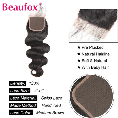 Beaufox Body Wave Bundles With Closure Remy Brazilian Hair Weave