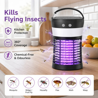 Bug Zapper Electric Solar Mosquito Killer 3000V Rechargeable Insect Fly Trap for Indoor & Outdoor