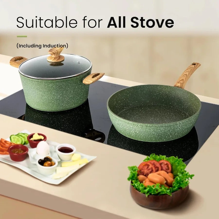 Pots and Pans Set Nonstick 30 Pieces Induction Kitchen Cookware and Bakeware Sets Green Granite Coating Cooking Pans Set