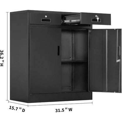 Metal Locking Storage Cabinet With Drawers And Adjustable Shelf