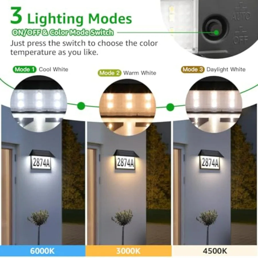 Solar Address Sign, Lighted House Numbers Waterproof, 3-Color Lighting Modes LED Illuminated Address Plaque, Wall Mount Address