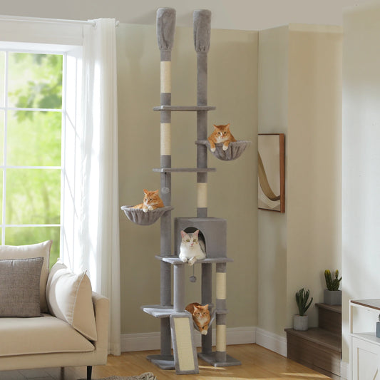 Floor to Ceiling Cat Tree with Sisal Scratching Posts Cozy Condo Hammock Adjustable Height Tall Cat Tower for Indoor Cat Toys