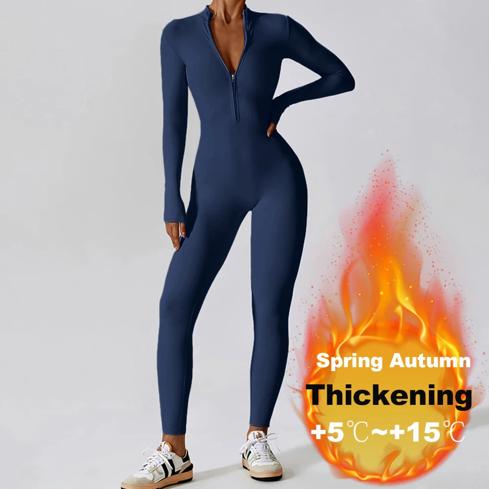 Zipper Yoga Jumpsuits for Women Winter Fleece Jumpsuit Longsleeve Sport Overalls Fitness One-Piece Suit Gym Workout Tracksuit