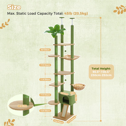 Floor to Ceiling Cat Tree with Sisal Scratching Posts Cozy Condo Hammock Adjustable Height Tall Cat Tower for Indoor Cat Toys