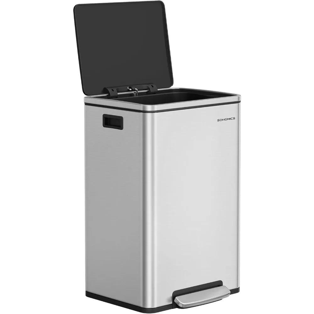 SONGMICS Trash Can, 13-Gallon Gabbage Can, with 15 Trash Bags, Stainless Steel, with Soft-Close Lid, Removable Inner Bucket
