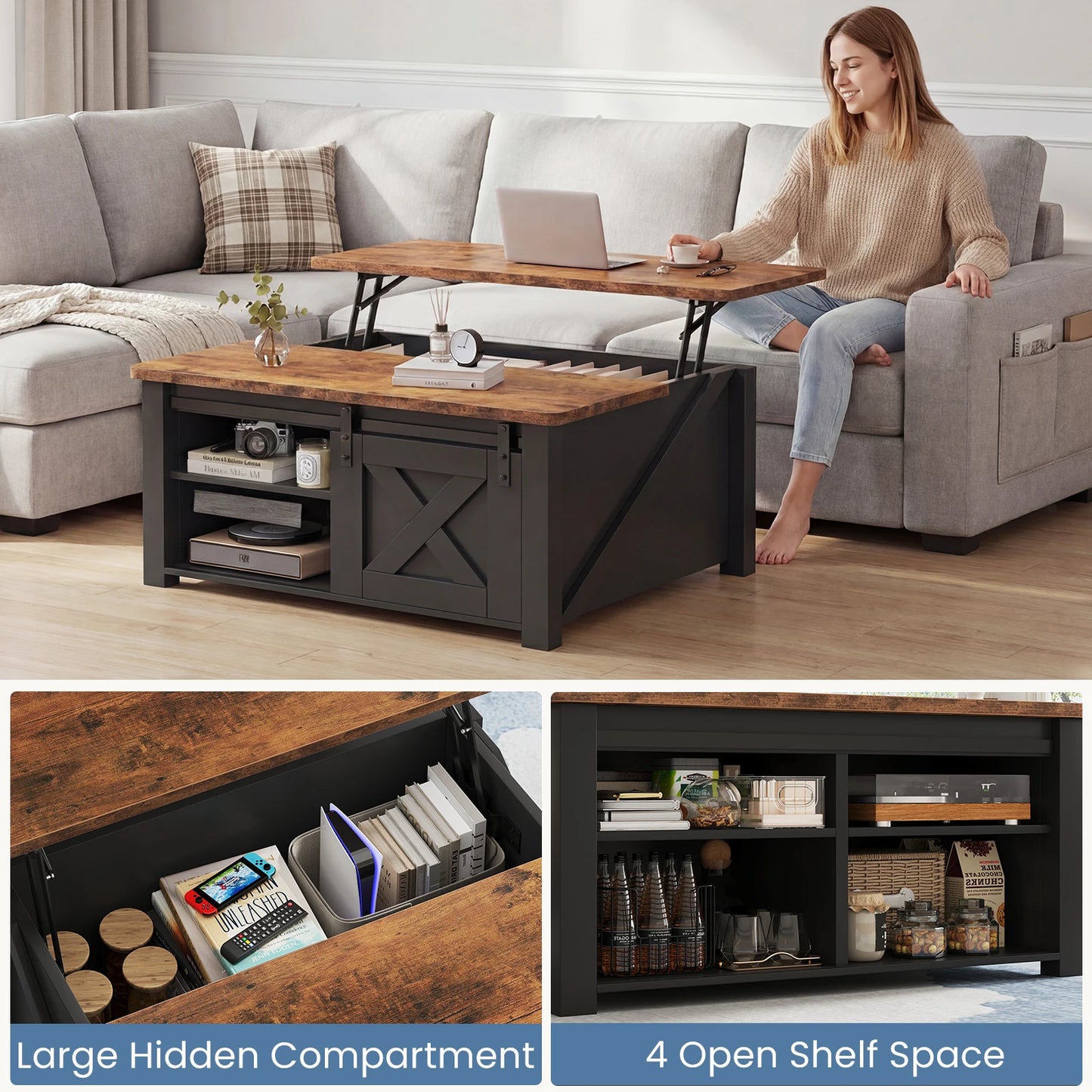 MCQ 31.5IN Wood Lift Top Coffee Tables Square Living Room Adjustable Storage Shelf Easy Lift Or Lower For Tea Dining Tables