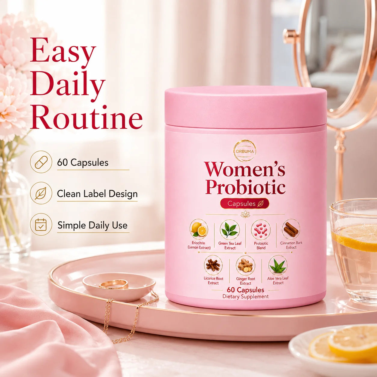 60-Capsule Women's Probiotic Capsules, Daily Nutritional Supplement Formula, Compound Probiotic Capsules for Intimate Care of Women, Formulated with Plant Extracts Combined with Complex Probiotics, Gentle Formula