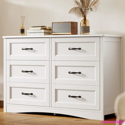 6 Drawer Dresser for Bedroom，47'' Larger Chest of Drawers with Mental Handle , White Dresser with 6 Storage Drawers, White