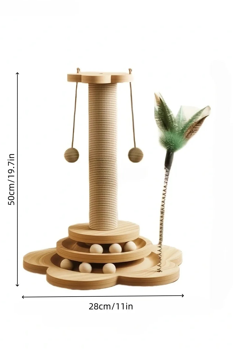 Cat Scratch Board With Rotating Platform And Non Shedding Wooden Fiber Chew Toy