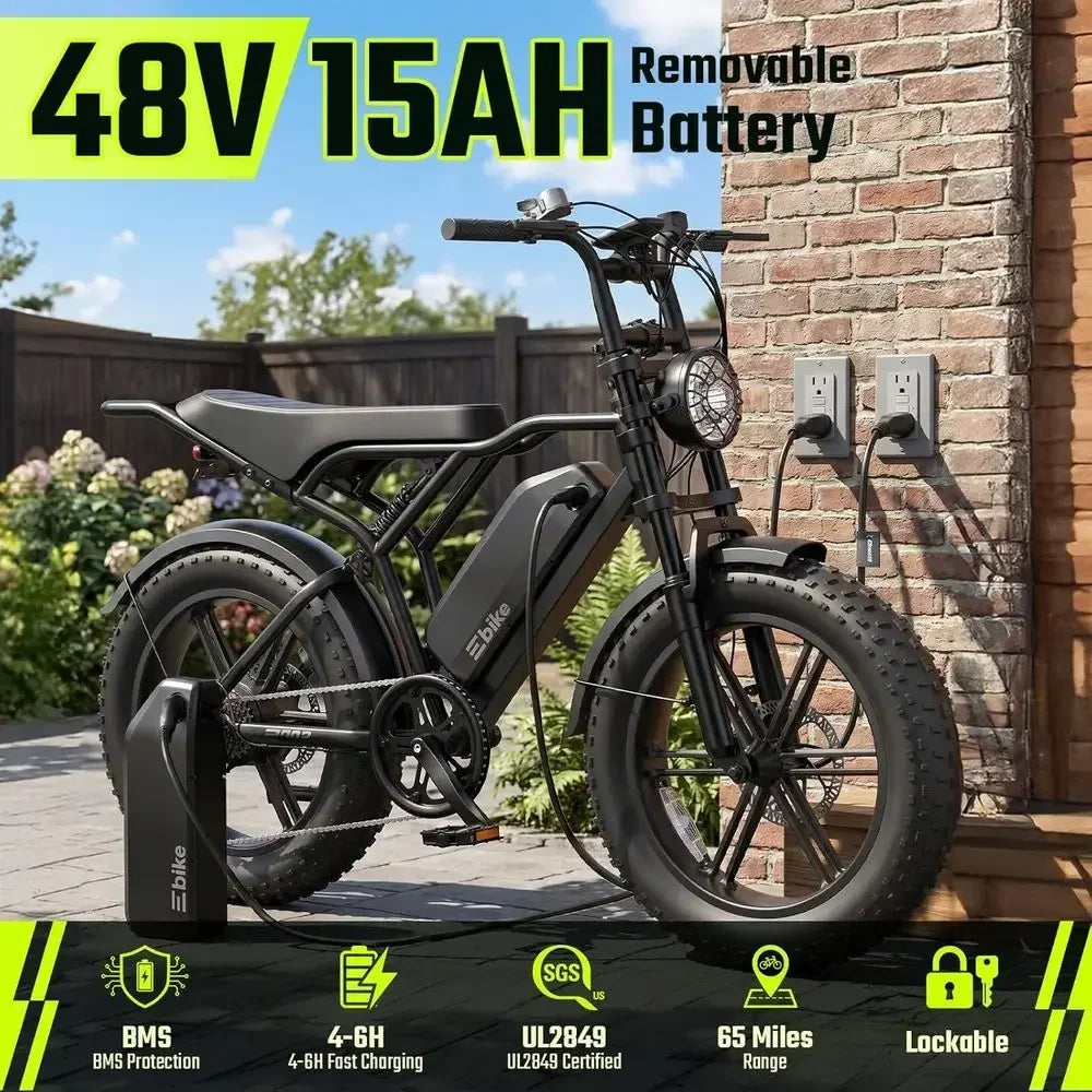 Electric Bike or Adults, Peak 1500W Motor Retro E Bike, Range 65/120Miles, 48V 15Ah Removable Battery, 20"x4" at Tires, ull Susp