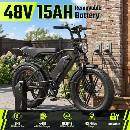 Electric Bike or Adults, Peak 1500W Motor Retro E Bike, Range 65/120Miles, 48V 15Ah Removable Battery, 20"x4" at Tires, ull Susp