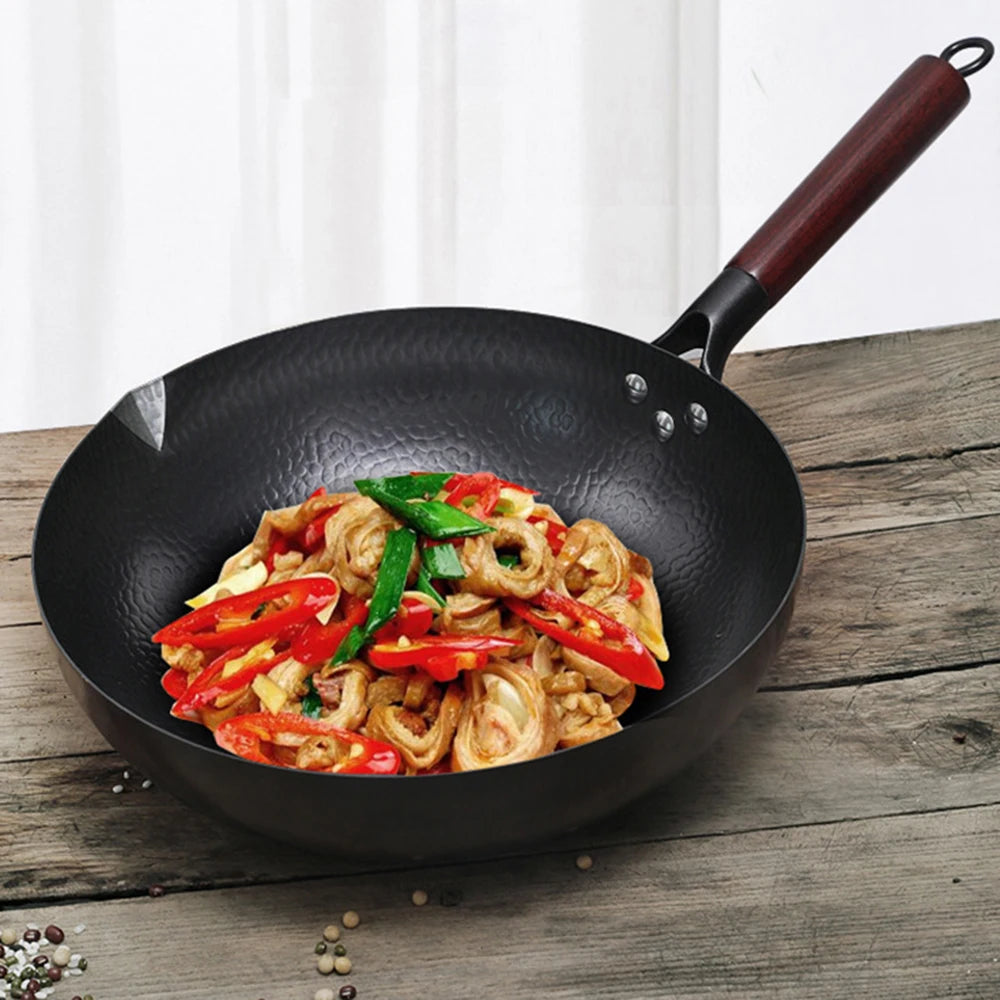 32cm Uncoated Pure Cast Iron Wok Chinese Traditional Cooking Pan Universal For Gas Stove And Induction Cooker