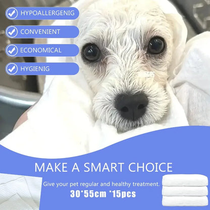 15 PCS Disposable Pet Bath Towels 11.8 x 21.6 Inch Portable Pet Grooming Towels for Small Dogs Puppies and Cats Absorbent Conve