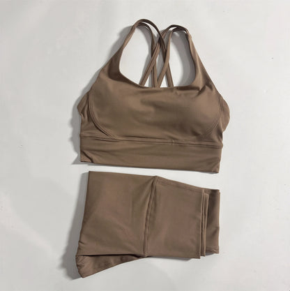 Solid Color Gym Fitness Set Tight Soft cross Fitness Bra 2pc compression High Waist Yoga Legging Suit Comprehensive Training Jog
