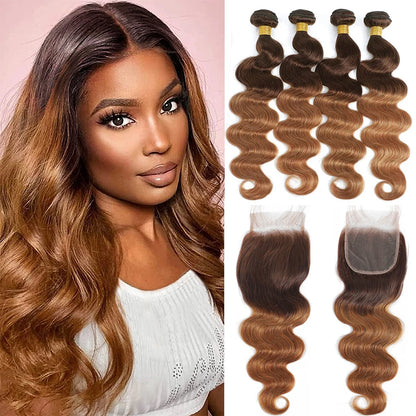 12A Ombre Body Wave Bundles Human Hair With Closure Unprocessed Virgin Hair Brazilian Ombre Colored 3/4 Bundles With Closure