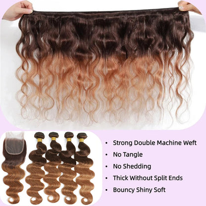 12A Ombre Body Wave Bundles Human Hair With Closure Unprocessed Virgin Hair Brazilian Ombre Colored 3/4 Bundles With Closure