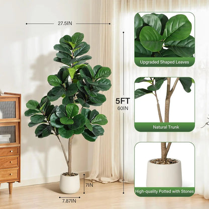 4-7 FT Fiddle Leaf Fig Tree Artificial Realistic Faux Ficus Lyrata Trees in White Planter Pot, Fake Floor Plants for Home Garden