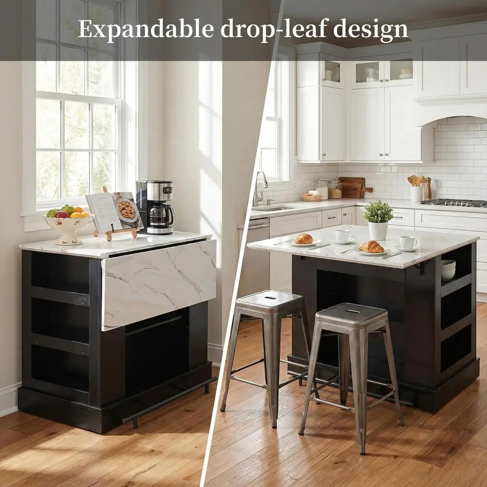 Spacious Kitchen Island with Storage, Power Outlet, Adjustable Shelves, Side Cabinets, Drop Leaf, and Bar Seating in Black